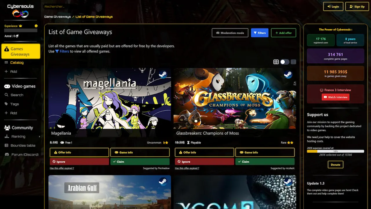 Cybersouls.io recense des jeux habituellement payants proposés gratuitement par leurs développeurs ou éditeurs. La plateforme offre des filtres pratiques et des fonctionnalités communautaires pour faciliter la découverte et soutenir les créateurs.