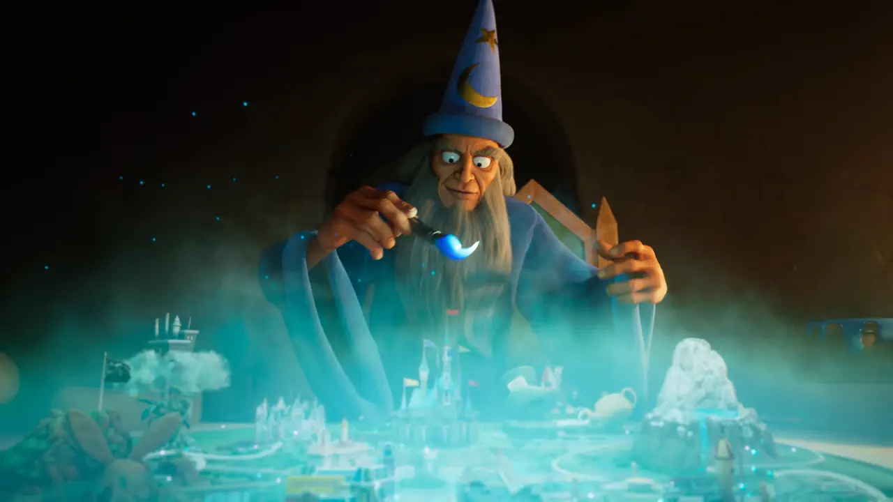 Le sorcier Yen Sid renverse du dissolvant sur le monde causant la disparition de la couleur et l'arrivée de monstres dans Disney Epic Mickey: Rebrushed.