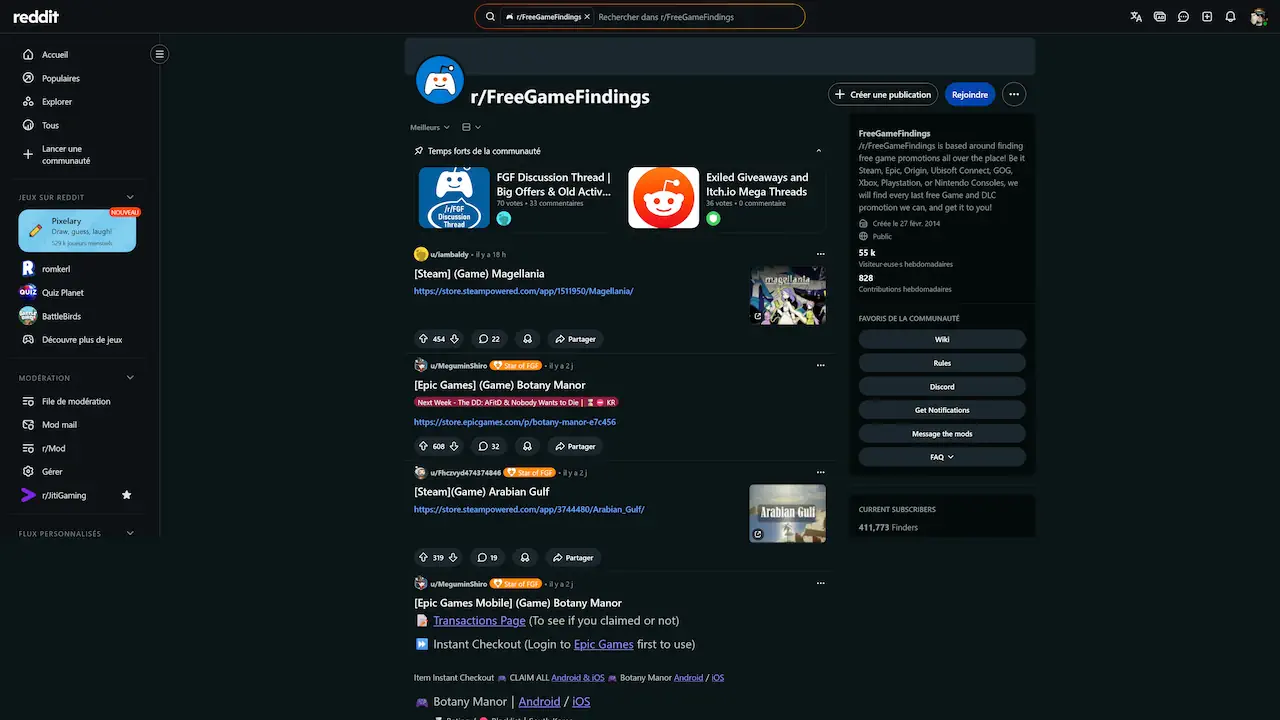 Le subreddit r/FreeGameFindings est une communauté active dédiée au partage de jeux gratuits et d’offres temporaires sur toutes les plateformes. Hébergé sur Reddit, il permet de rester informé des giveaways et promotions sans dépenser un centime.