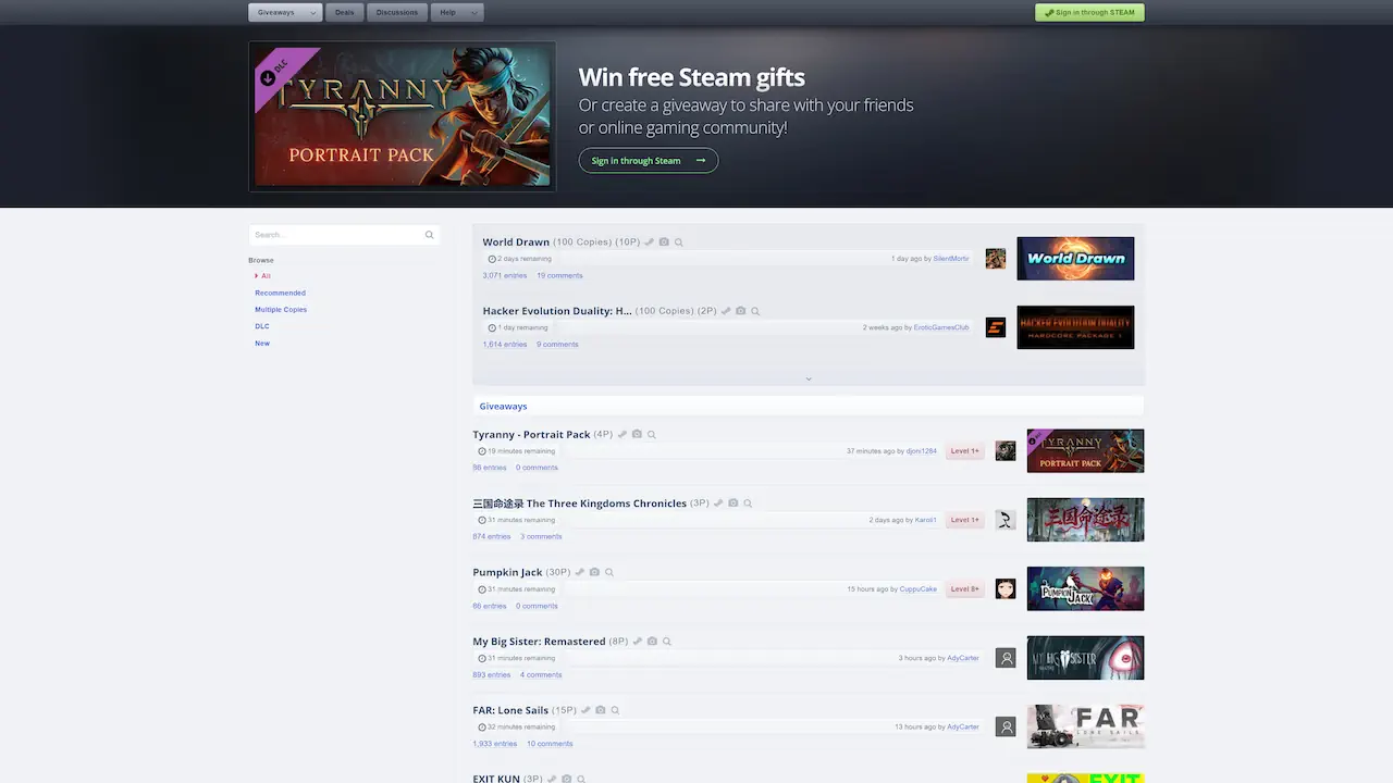 SteamGifts est une plateforme communautaire dédiée aux tirages au sort de jeux Steam. Les utilisateurs échangent des points contre des chances de gagner des clés de jeux offertes par d'autres membres.