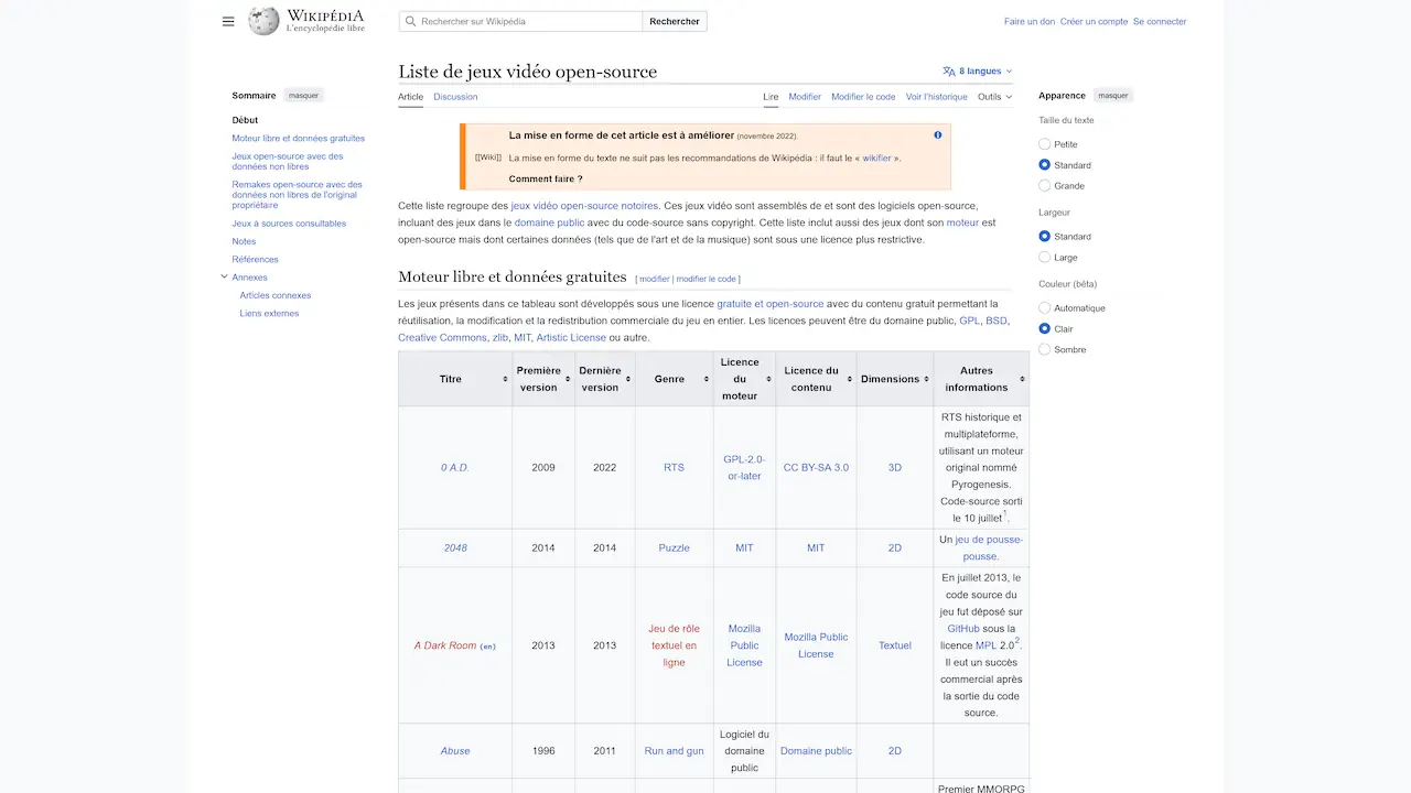 Les jeux vidéo open source offrent un large choix d’expériences gratuites grâce à un code accessible et modifiable par tous. Une liste complète de ces jeux est notamment référencée sur Wikipedia, facilitant leur découverte.