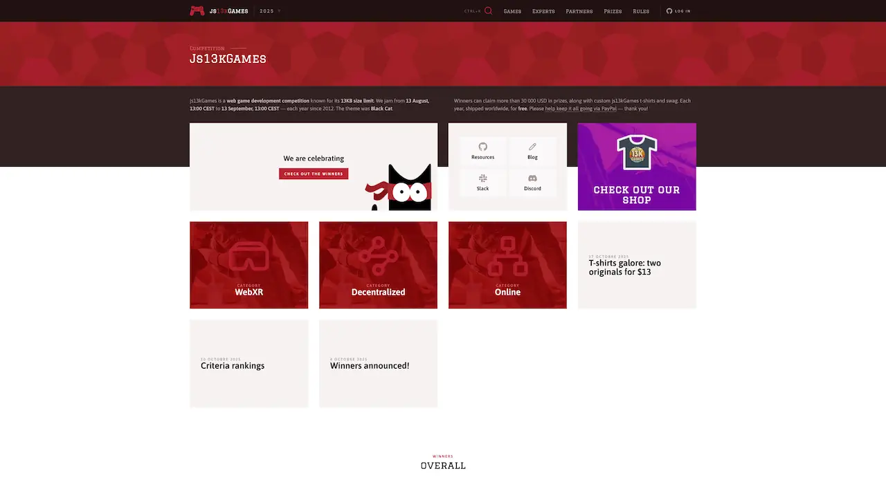 js13kGames est un concours annuel où les développeurs créent des jeux jouables en navigateur ne dépassant pas 13 ko compressés. Les projets doivent être réalisés uniquement en JavaScript et HTML5, autour d’un thème imposé chaque année.