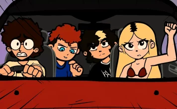 Le groupe South Arcade dans le style de Scott Pilgrim dans le clip HOW 2 GET AWAY WITH MURDER.