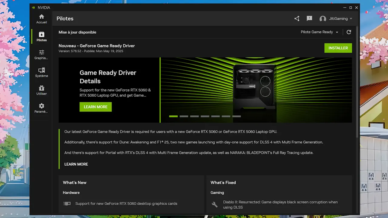 Il est nécessaire de mettre à jour les pilotes via Nvidia App.