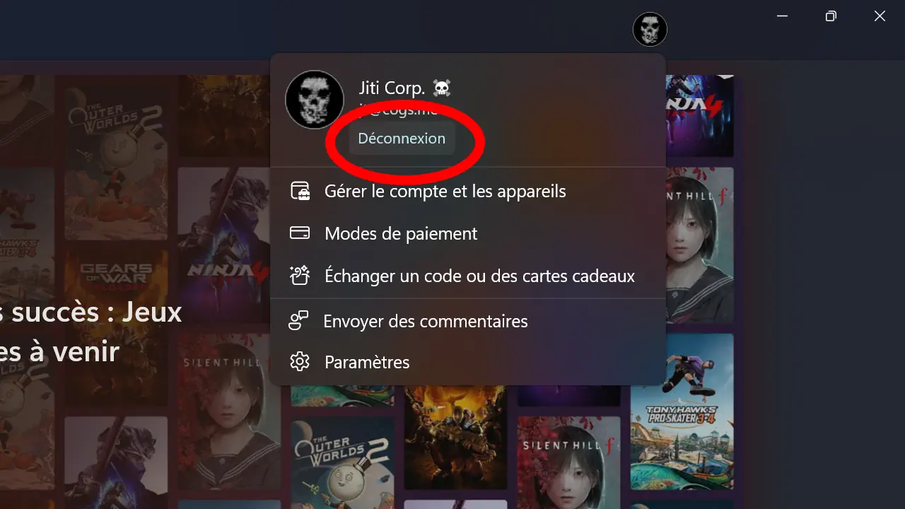 En se déconnectant du Microsoft Store, cela permet de corriger certains problèmes de synchronisation.