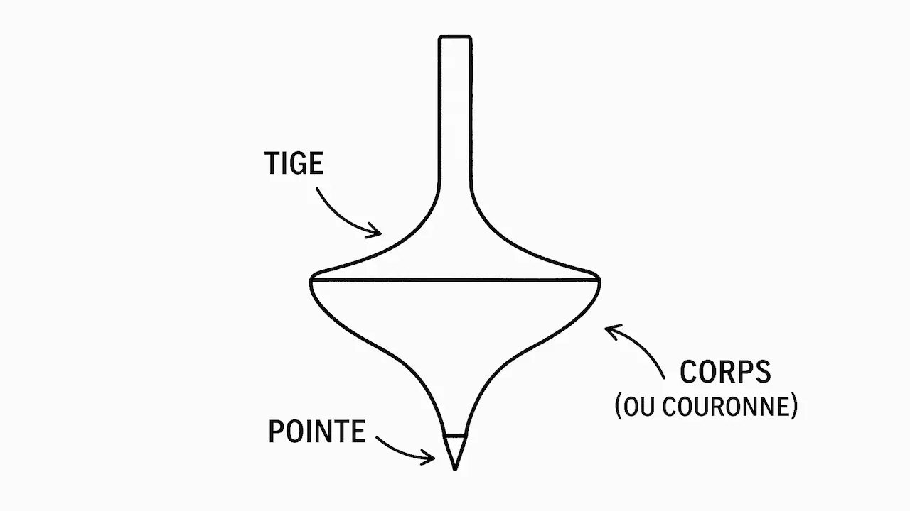 Une toupie se compose d'une tige, d'un corps et d'une pointe.