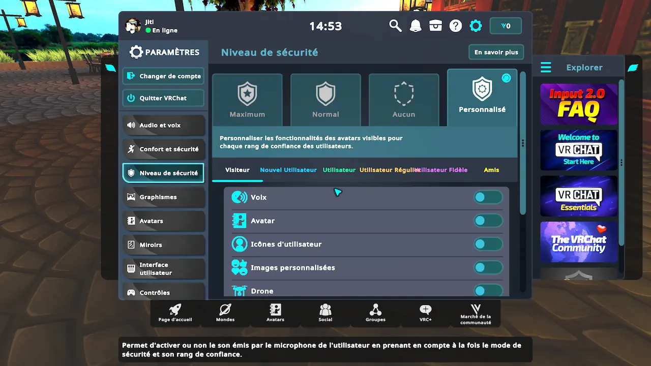 Les paramètres de sécurité sur VRChat.