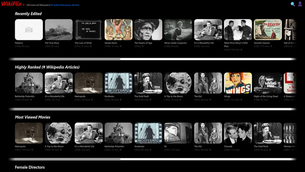 Wikiflix adopte une interface moderne qui rappelle Netflix, avec vignettes, moteur de recherche et classements par popularité. Cette présentation intuitive facilite l’accès à un vaste catalogue de films rares du monde entier.