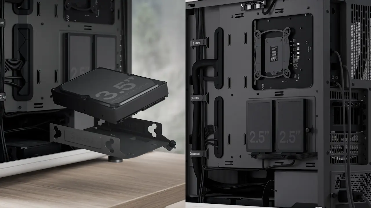 Le Fractal Design North combine une connectique moderne et une structure interne flexible. Il permet l'installation de SSD 2,5" et de disques durs 3,5", tout en assurant une gestion des câbles propre et efficace.