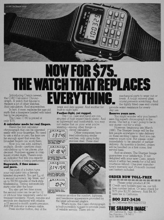 En 1980, la publicité met en scène la Casio C-80 comme une montre venue du futur, proposée au prix attractif de 75 $, symbole d’avant-gardisme accessible. Première montre calculatrice capable d’effectuer les quatre opérations sur huit chiffres, elle incarne l’innovation pratique et l’ADN technologique de Casio.
