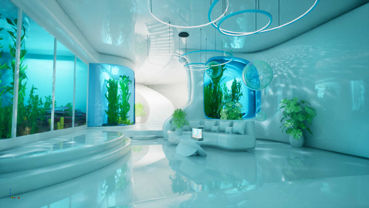 Frutiger Aero se traduit ici par un intérieur futuriste fluide, baigné de bleus aquatiques et de surfaces brillantes. Nature intégrée, formes organiques et lumière douce composent un espace calme où la technologie se fait presque invisible.