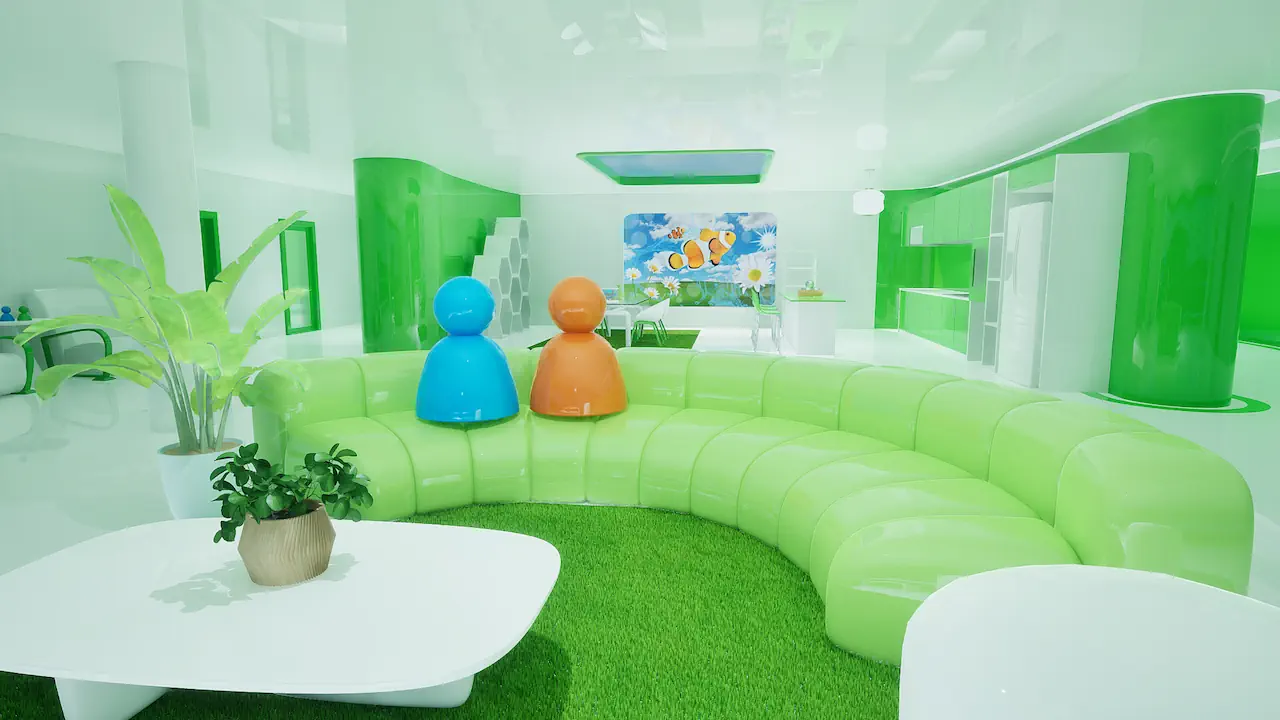 La palette Frutiger Aero, dominée par les bleus, verts et blancs lumineux, crée une ambiance intérieure douce, propre et apaisante. La nature y devient un décor idéalisé, transformant l’espace visuel en promesse de bien-être et d’équilibre.