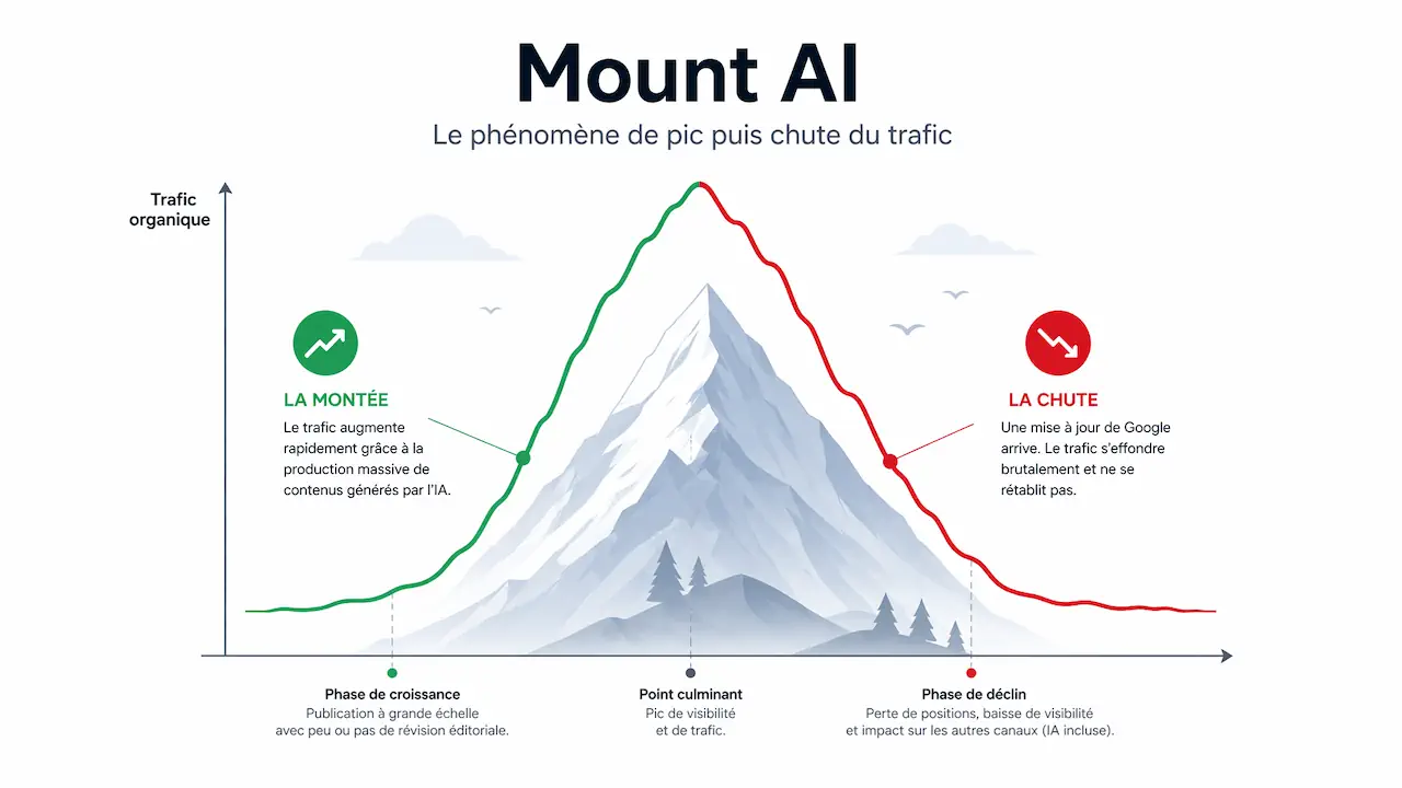 Le phénomène Mount AI décrit une croissance rapide du trafic grâce à des contenus générés à grande échelle, souvent suivie d’un effondrement brutal après une mise à jour de Google. Ce cycle révèle que l’IA n’est pas en cause : c’est l’absence de valeur éditoriale et de stratégie qualitative qui fragilise les sites.