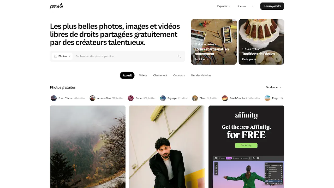 Pexels est une plateforme gratuite offrant des images et vidéos en haute définition, accessibles sans compte et issues de créateurs indépendants. Elle se distingue par une interface fluide, des licences permissives et des outils pratiques comme un moteur de recherche avancé et une API.