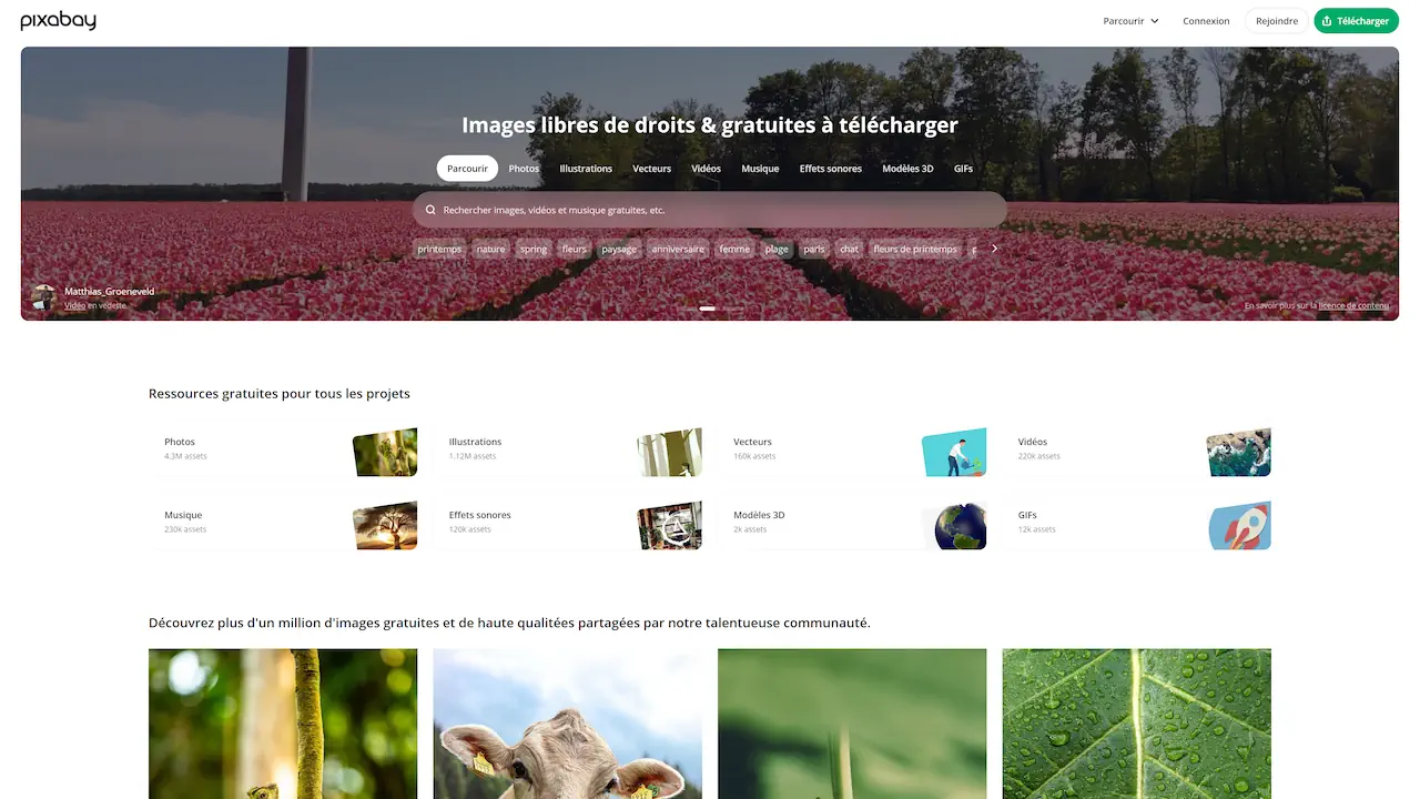 Pixabay est une bibliothèque gratuite proposant plus d’un million de contenus (photos, vidéos, illustrations et vecteurs) accessibles sans inscription. Elle offre une grande diversité de visuels avec une licence permissive, malgré une qualité variable selon les contributeurs.