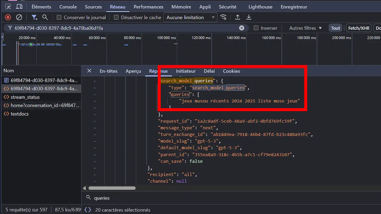 Affichage des search_model_queries dans l’onglet Réponse de l’inspecteur réseau de ChatGPT.