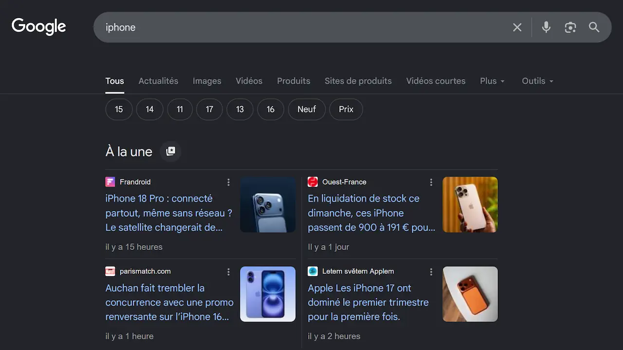 La section « À la une » de Google mettant en avant des articles récents issus de différents sites d’actualité selon la recherche effectuée.