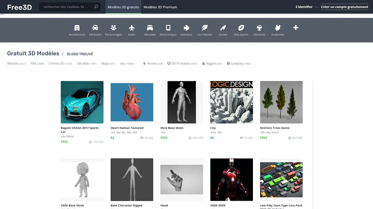 Free3D propose un catalogue varié de modèles 3D gratuits et payants dans de nombreux formats. La qualité et les licences varient selon les fichiers, et un compte est nécessaire pour les télécharger.