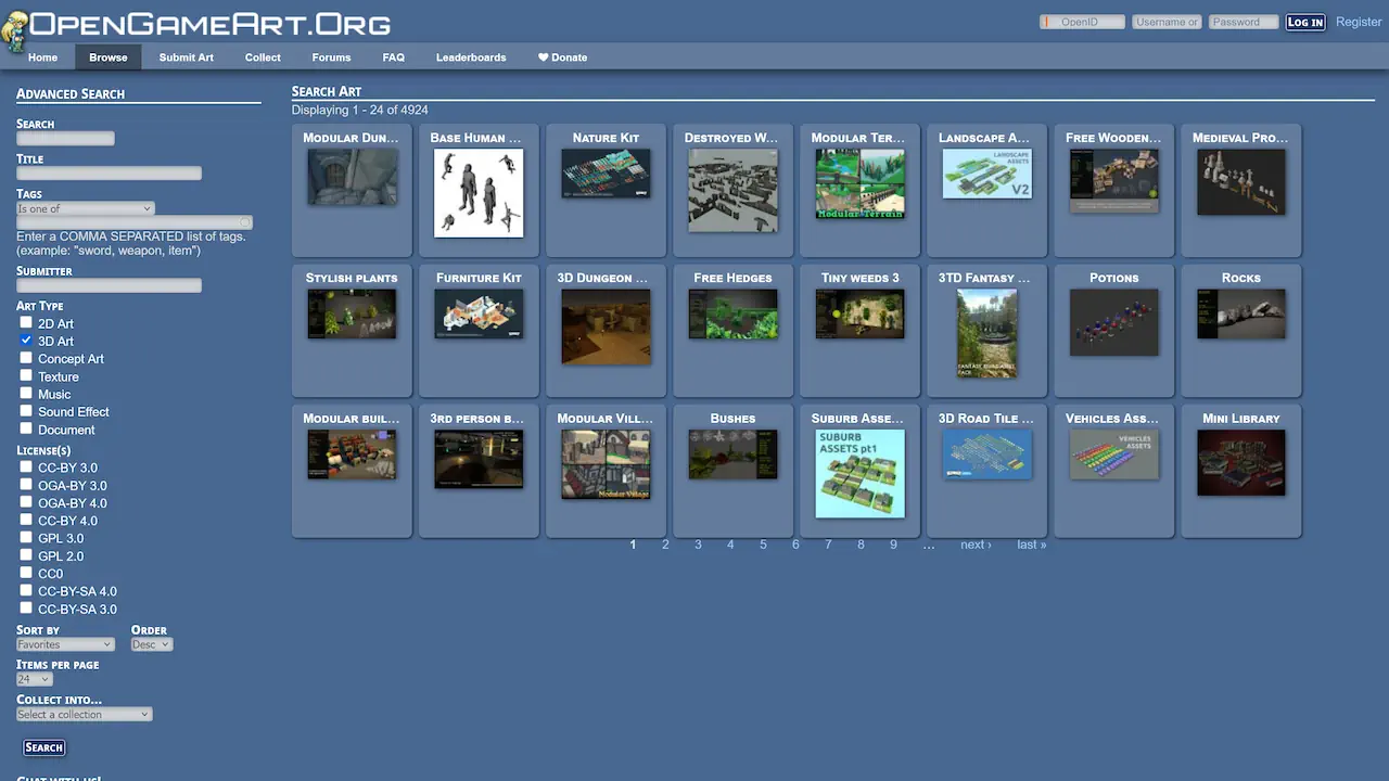 OpenGameArt propose des modèles 3D et des packs thématiques principalement destinés aux jeux vidéo, téléchargeables sans compte. Les licences, la qualité et les formats varient selon les contributeurs et doivent être vérifiés avant utilisation.