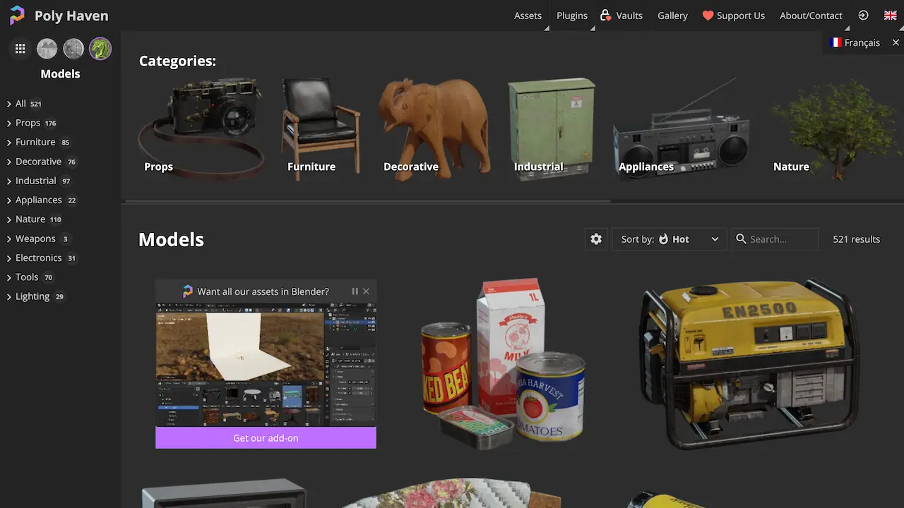 Poly Haven propose des modèles 3D réalistes et de haute qualité, accompagnés de textures PBR et disponibles gratuitement sous licence CC0. Son catalogue, complété par des textures et des HDRI, reste toutefois plus restreint et principalement orienté vers les projets photoréalistes.
