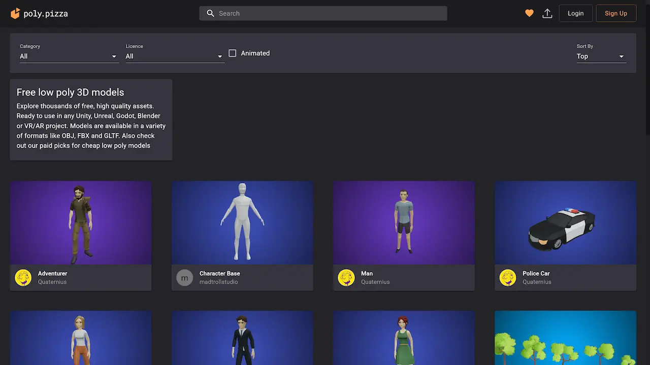 Poly Pizza propose plus de 10 000 modèles 3D gratuits, principalement en style low poly et téléchargeables sans compte. Les licences sont clairement indiquées, mais le catalogue convient moins aux projets photoréalistes ou très détaillés.