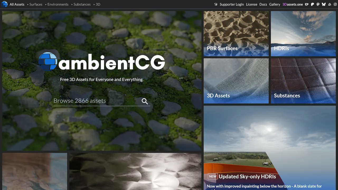 ambientCG propose des modèles réalistes, des matériaux PBR, des HDRI et des terrains gratuits sous licence CC0. Les ressources sont disponibles sans compte, mais la bibliothèque contient davantage de textures que de véritables modèles 3D.