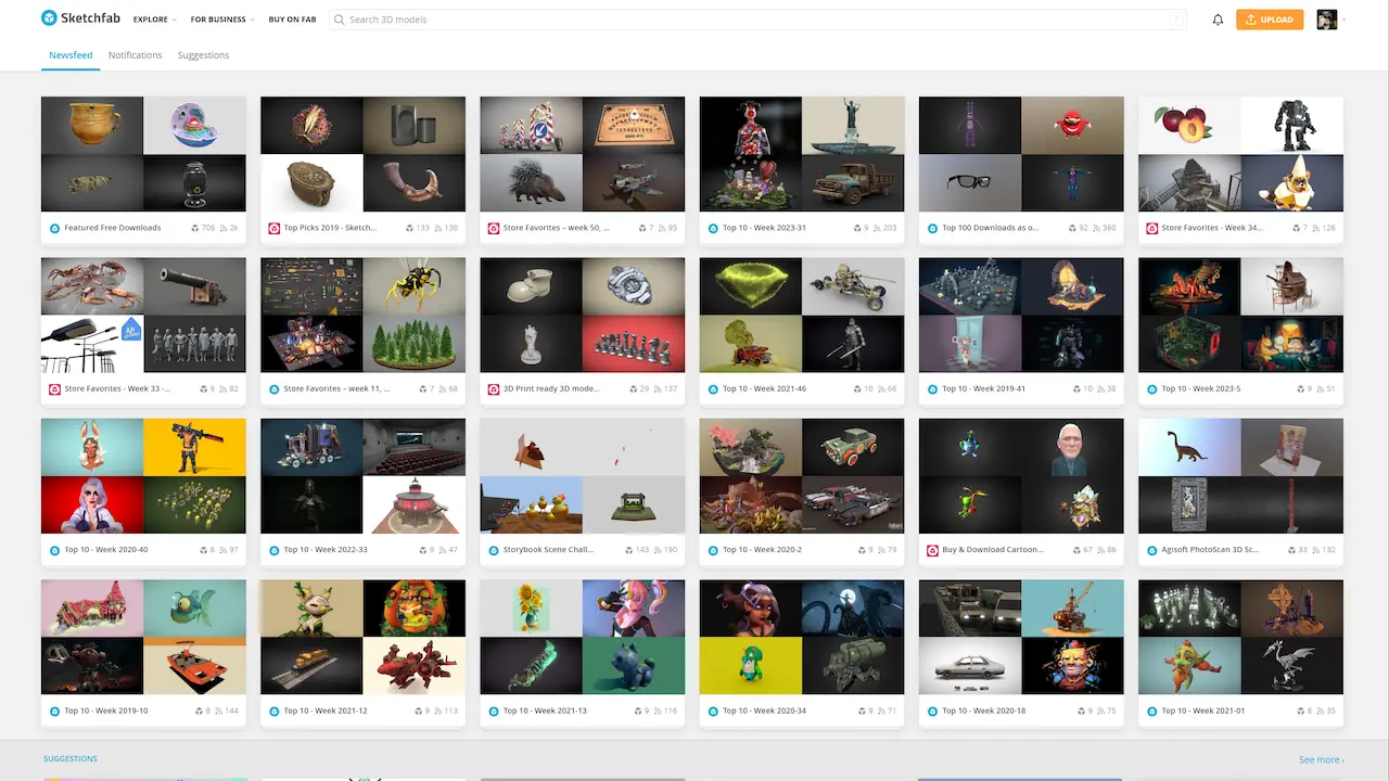 Sketchfab propose un vaste catalogue de modèles 3D consultables dans une visionneuse interactive. La qualité, les licences et la disponibilité au téléchargement varient selon les créations.