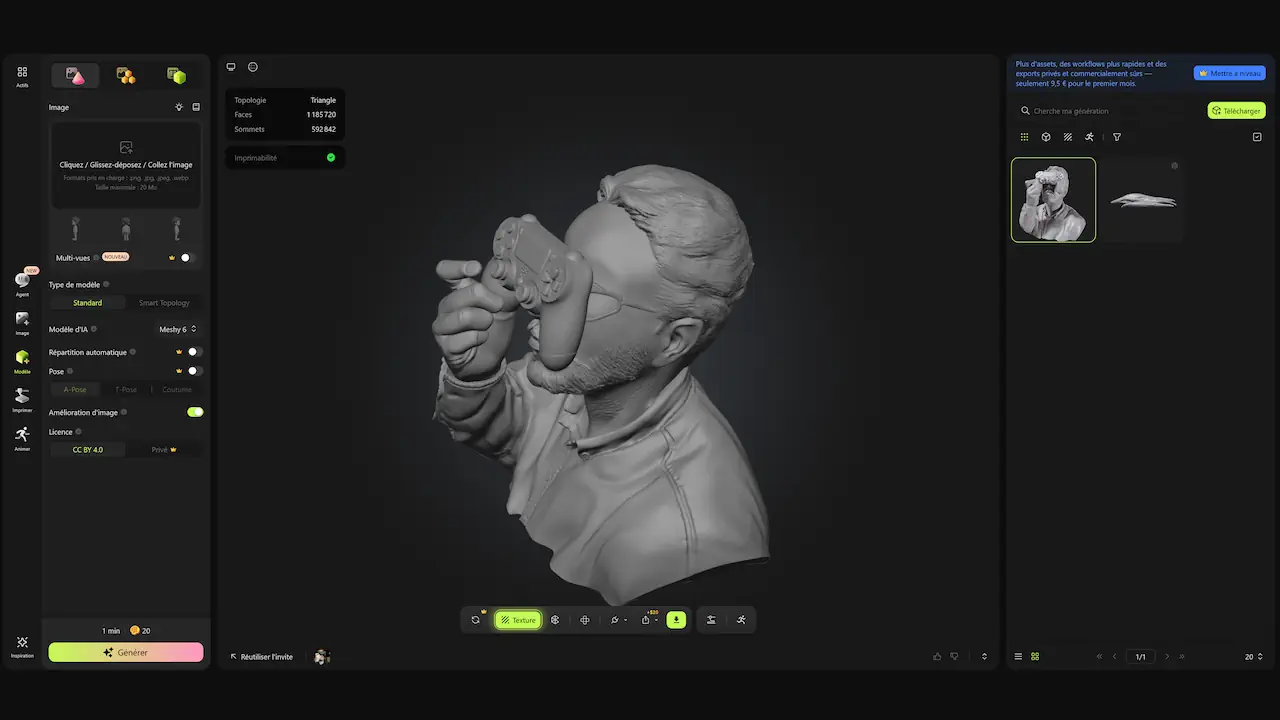 L’interface simple et claire de Meshy AI permet de générer facilement un modèle 3D à partir d’un texte ou d’une image. Quelques réglages suffisent ensuite pour ajuster la géométrie ou appliquer une texture.