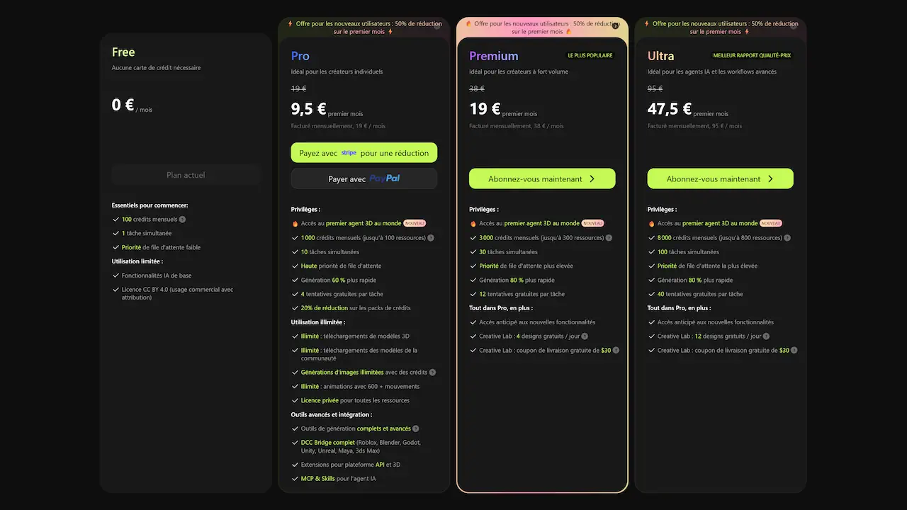 L’abonnement à Meshy AI reste difficile à rentabiliser pour une utilisation occasionnelle, surtout lorsque les modèles nécessitent plusieurs essais et retouches. Il devient plus pertinent pour les créateurs qui produisent régulièrement de nombreux objets secondaires.