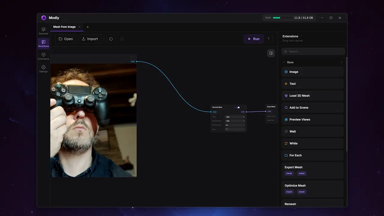 Modly repose sur une interface en workflows qui demande de relier plusieurs étapes pour générer et exporter un maillage 3D. Peu adaptée aux débutants, cette approche offre néanmoins une grande liberté pour automatiser, nettoyer et optimiser les modèles.