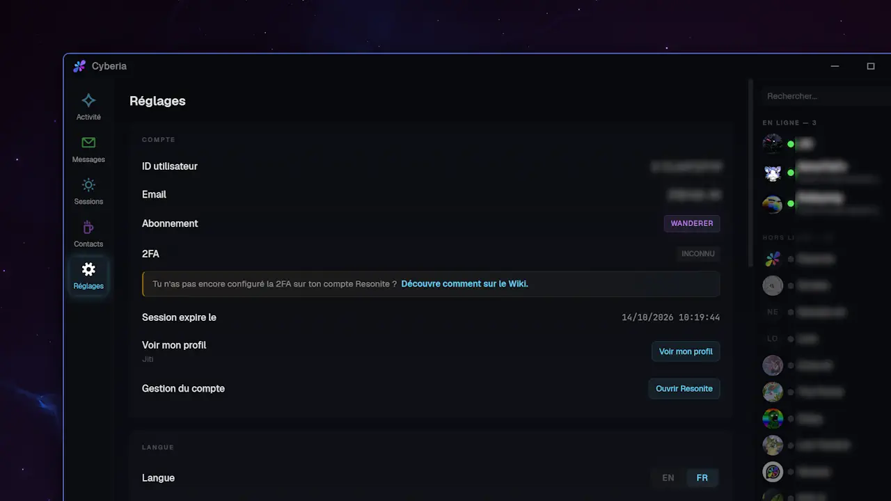 Cyberia propose de nombreux réglages pour personnaliser son interface « Terminal Noir », la densité d’affichage, la navigation et différents aspects de l’expérience. Ces options permettent d’adapter facilement l’application à ses préférences sur ordinateur comme sur Android.