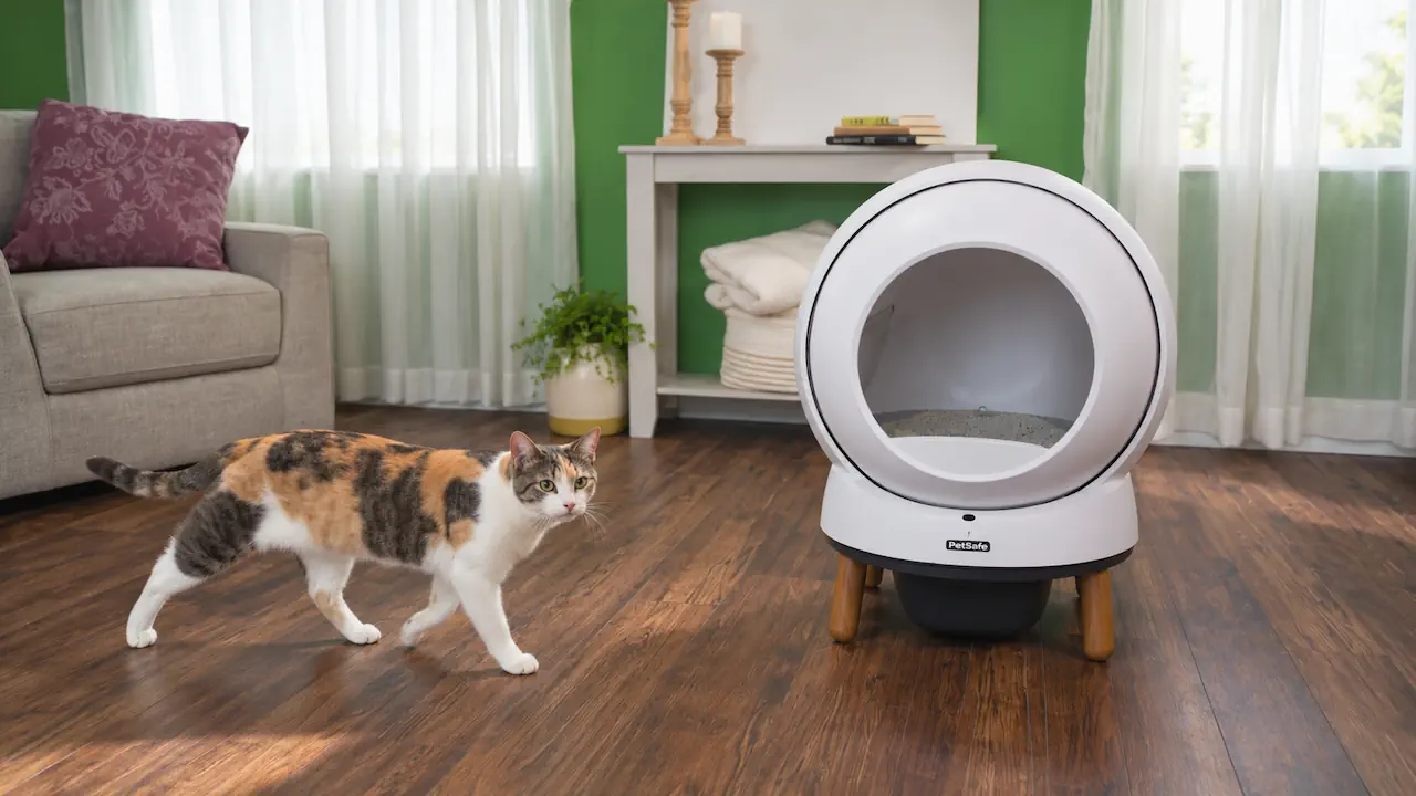 Litière automatique PetSafe ScoopFree SmartSpin avec nettoyage rotatif et suivi connecté.