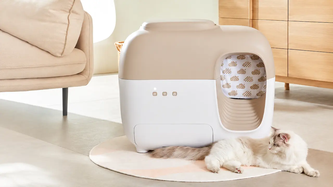 Litière automatique PetSnowy Snow+ avec système anti-odeurs et récupération des grains.